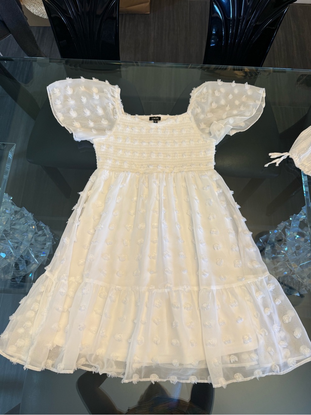 Zunie White Puff-Sleeve Smocked Dot-Tulle Dress